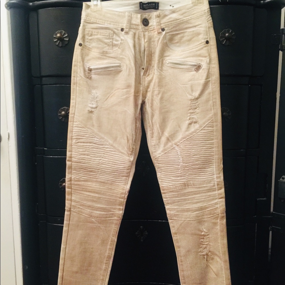 White with gold distressed moto pants